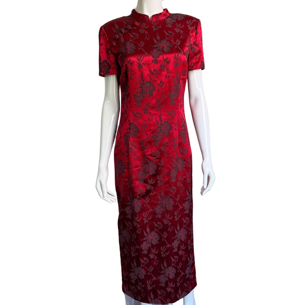 Vintage Red Floral Brocade Cheongsam Midi Dress